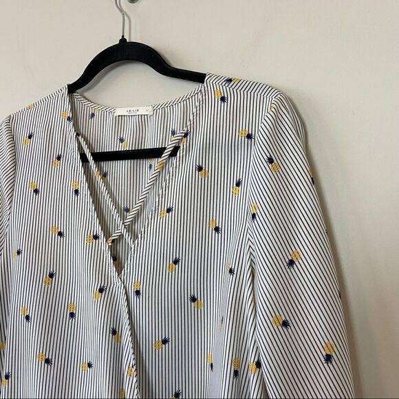 Le Lis-Pinstripe and Pineapple Faux Wrap Slit Bell Sleeve Top (Medium) - Picture 4 of 10